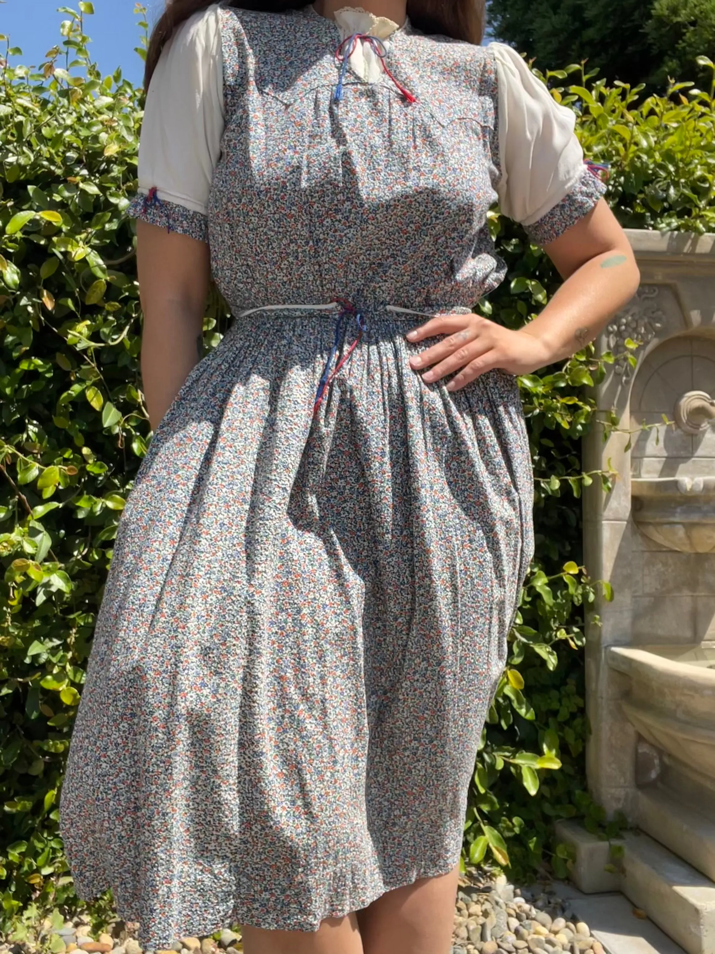 1930s Floral Puff Sleeve Micro Floral Folk Day Dress