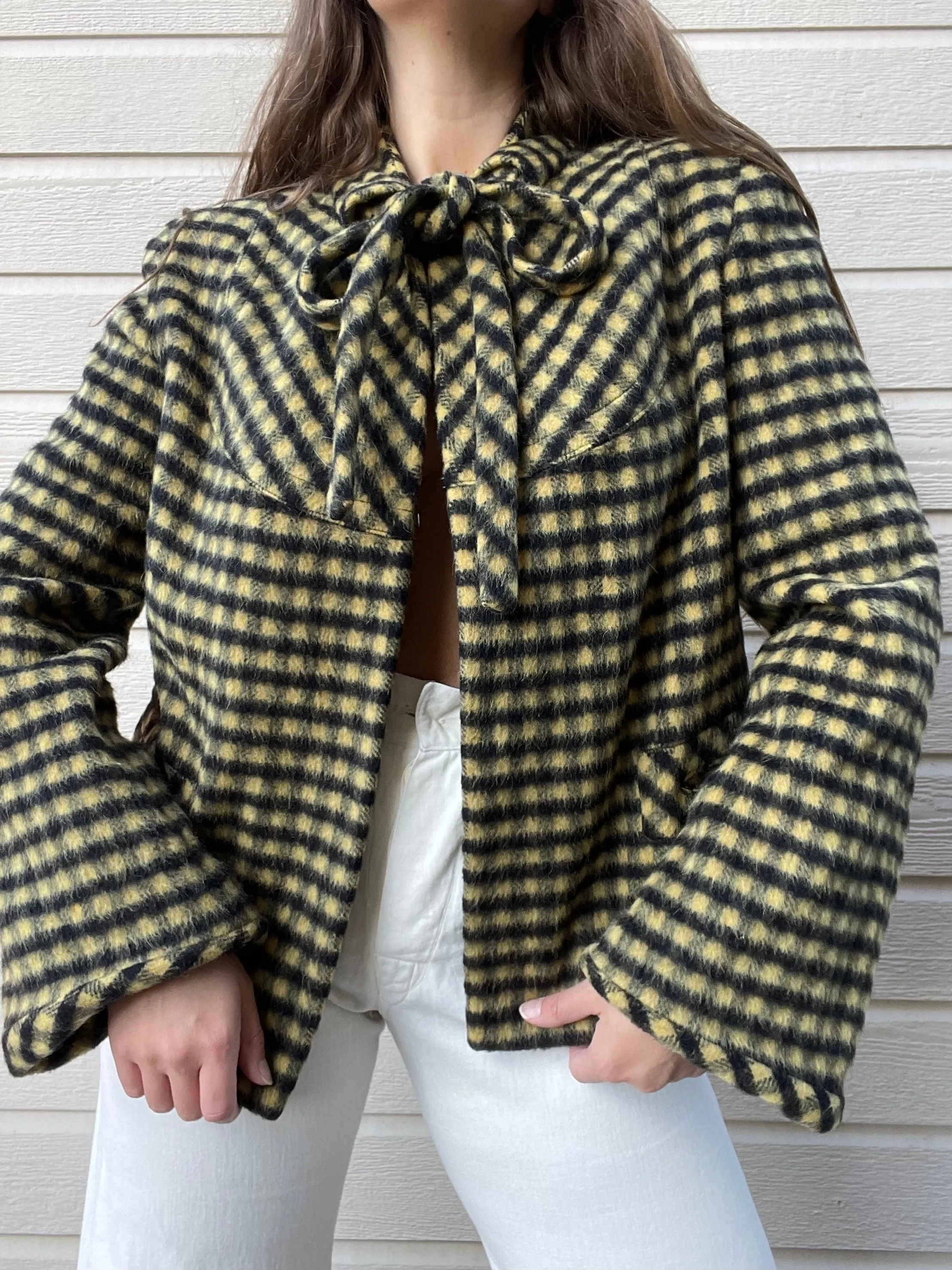 1940s Wool Mohair Gingham Bell Sleeve Swing Coat