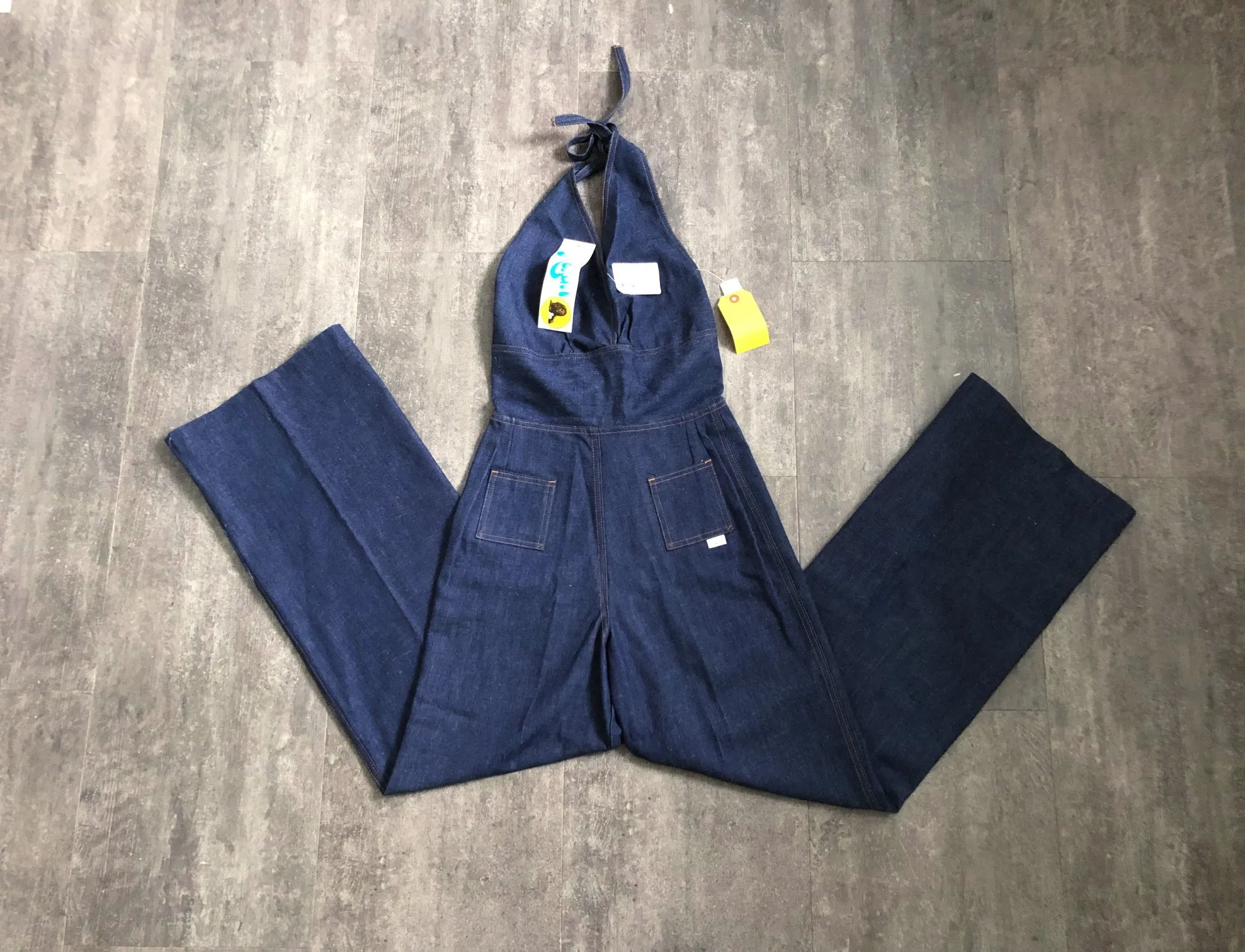 1970s denim jumpsuit . vintage 70s halter jumpsuit . size s
