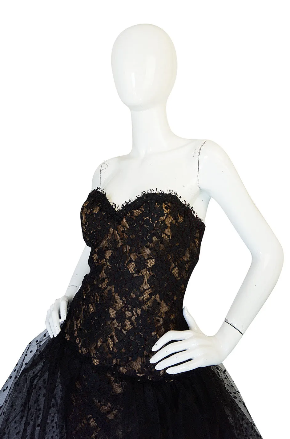 1980s Victor Costa Fitted Lace Dress w Dotted Tulle Overskirt