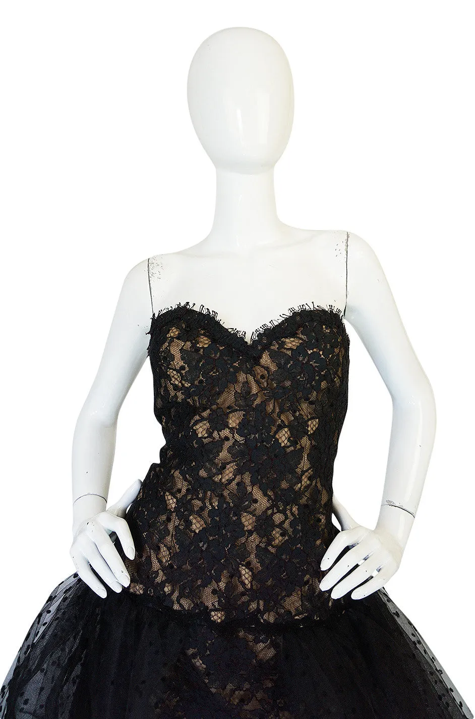 1980s Victor Costa Fitted Lace Dress w Dotted Tulle Overskirt