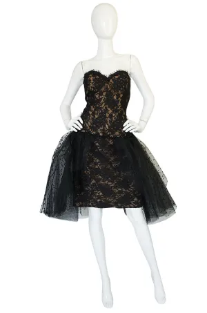 1980s Victor Costa Fitted Lace Dress w Dotted Tulle Overskirt