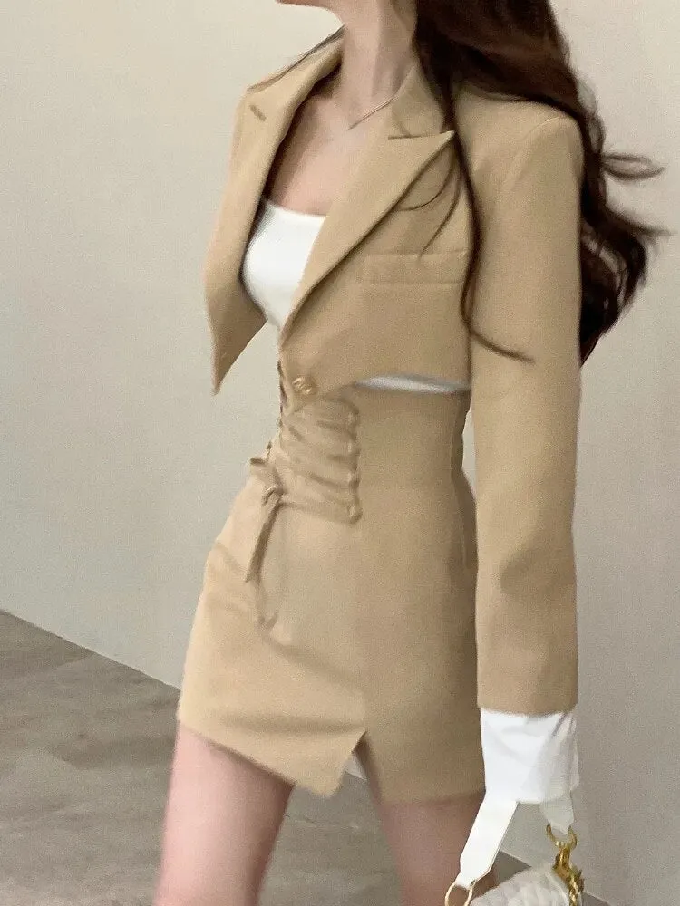 2 Piece Dress Set Women's Casual Y2k Elegant Skirt Suit Crop Blazer   Mini Skirts