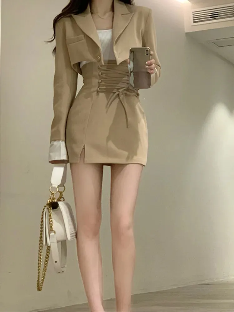 2 Piece Dress Set Women's Casual Y2k Elegant Skirt Suit Crop Blazer   Mini Skirts