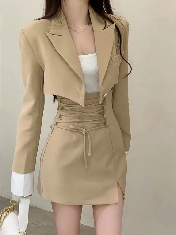2 Piece Dress Set Women's Casual Y2k Elegant Skirt Suit Crop Blazer   Mini Skirts