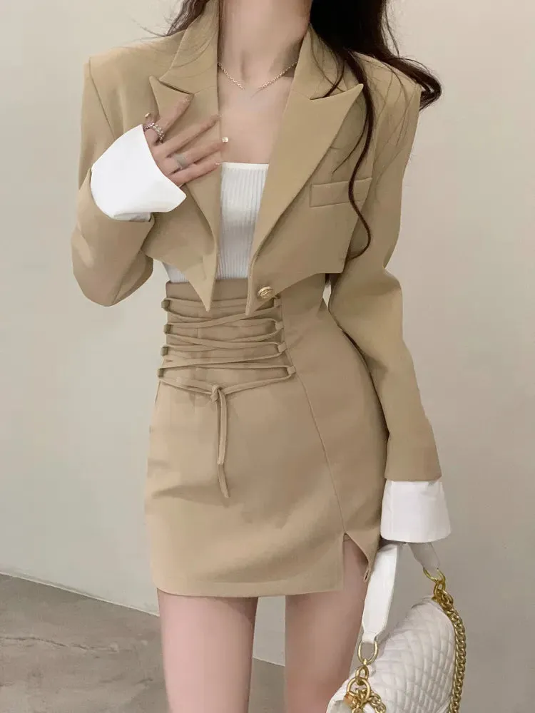 2 Piece Dress Set Women's Casual Y2k Elegant Skirt Suit Crop Blazer   Mini Skirts