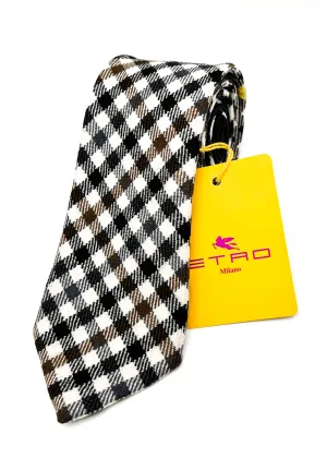 $260 ETRO - Ivory / Black WOOL/SILK Blend Gingham Check 2.75" - Tie