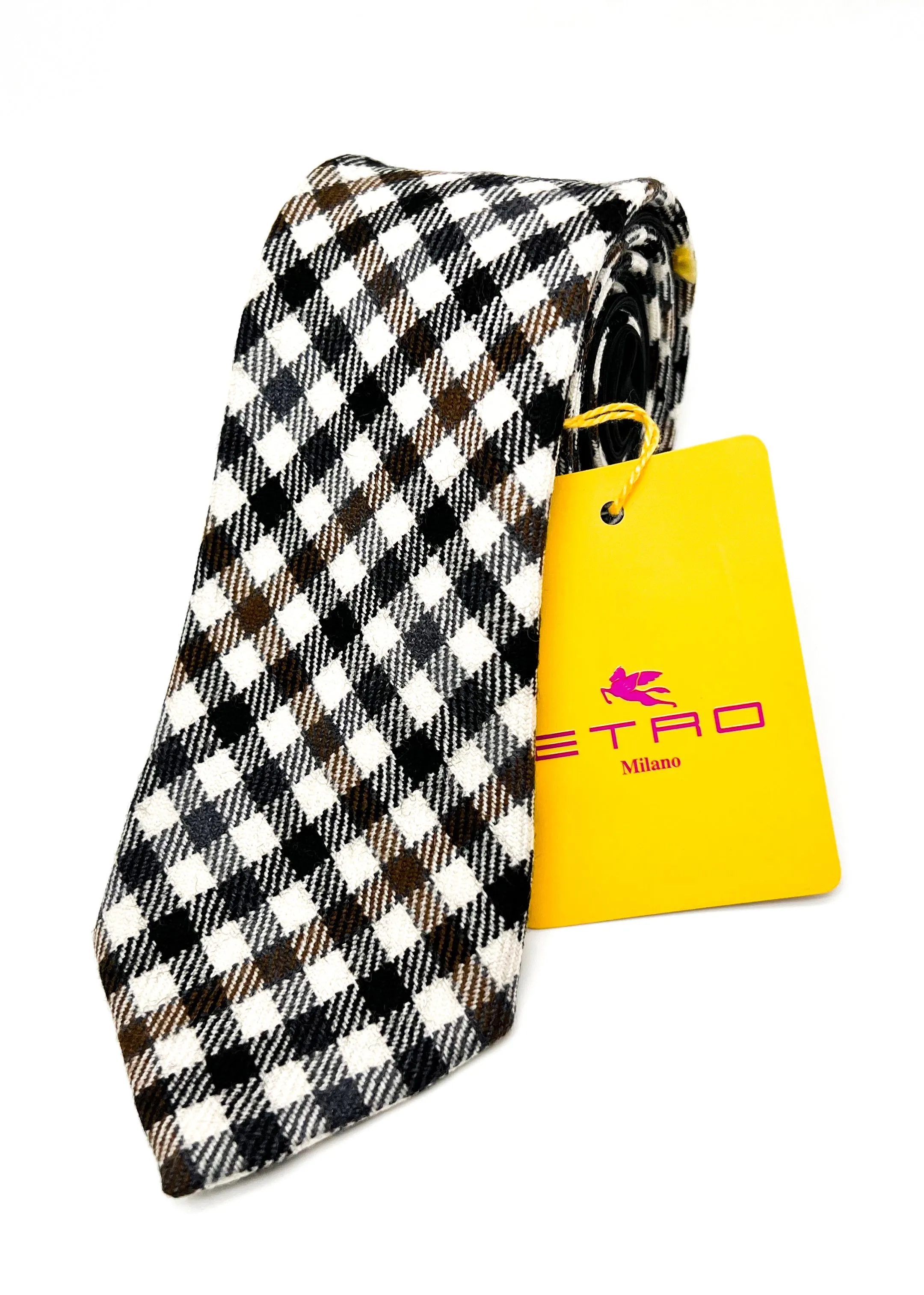 $260 ETRO - Ivory / Black WOOL/SILK Blend Gingham Check 2.75" - Tie