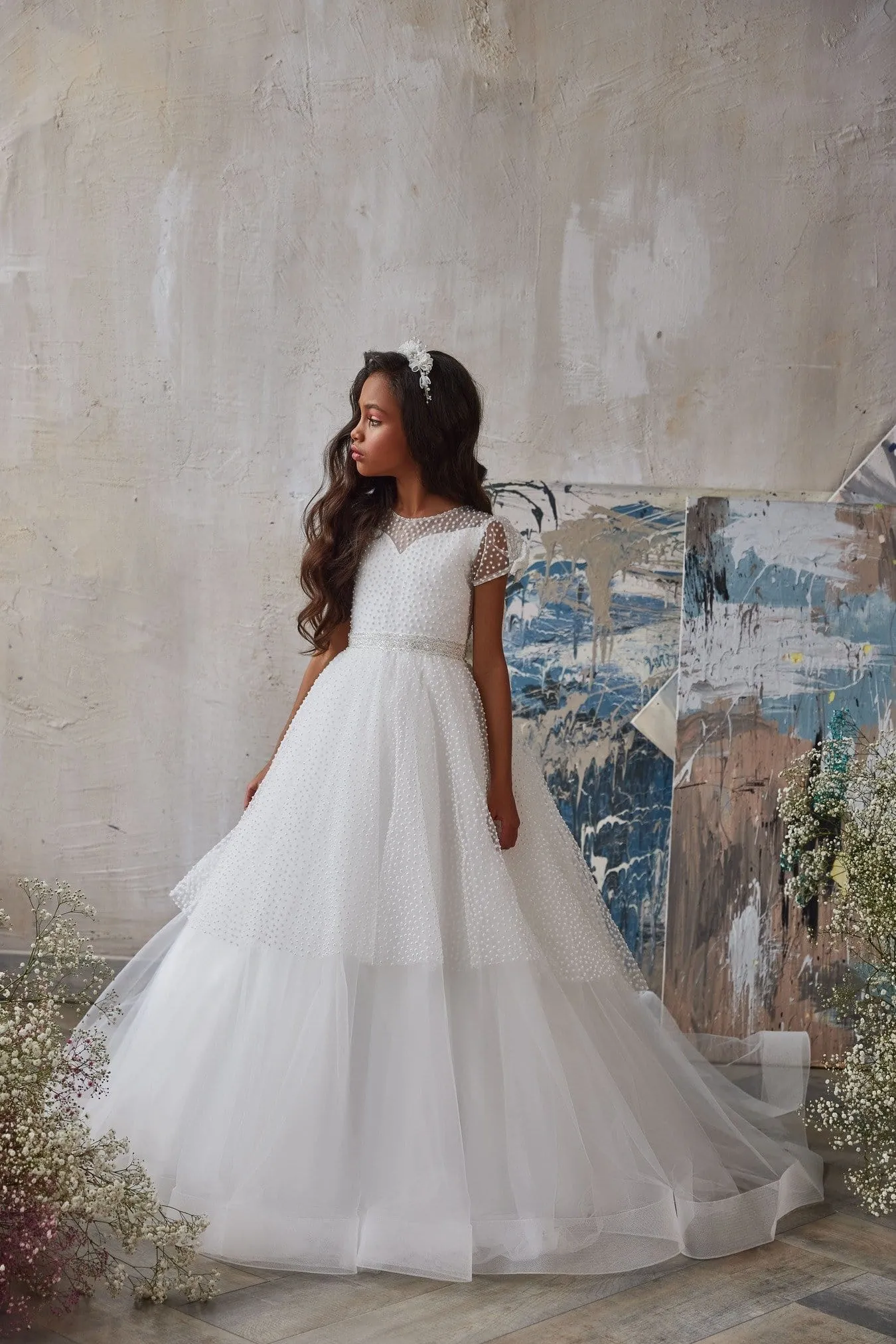 3233 Tiered Embroidered Flower Girl Dress with Bows