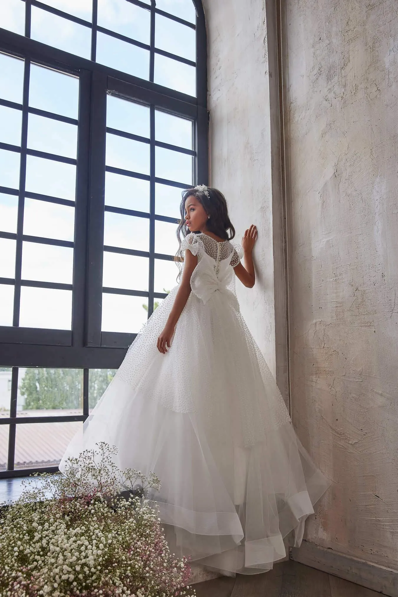 3233 Tiered Embroidered Flower Girl Dress with Bows
