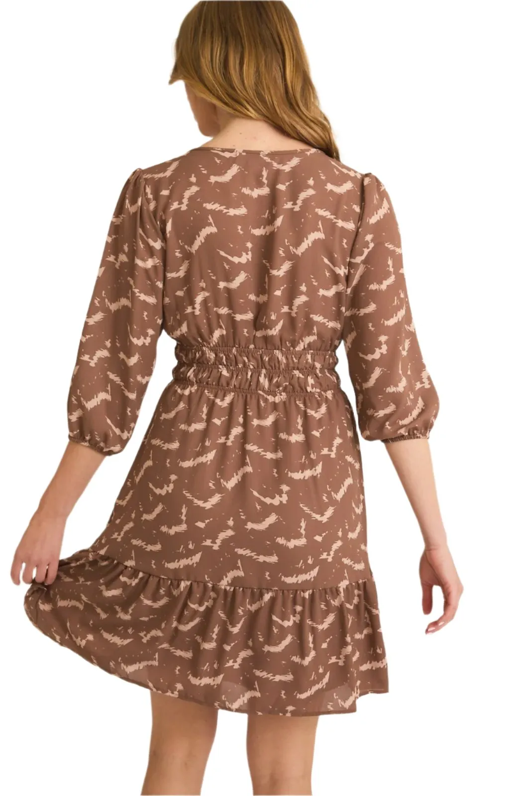3/4 Sleeve Elastic Waist Print Dress