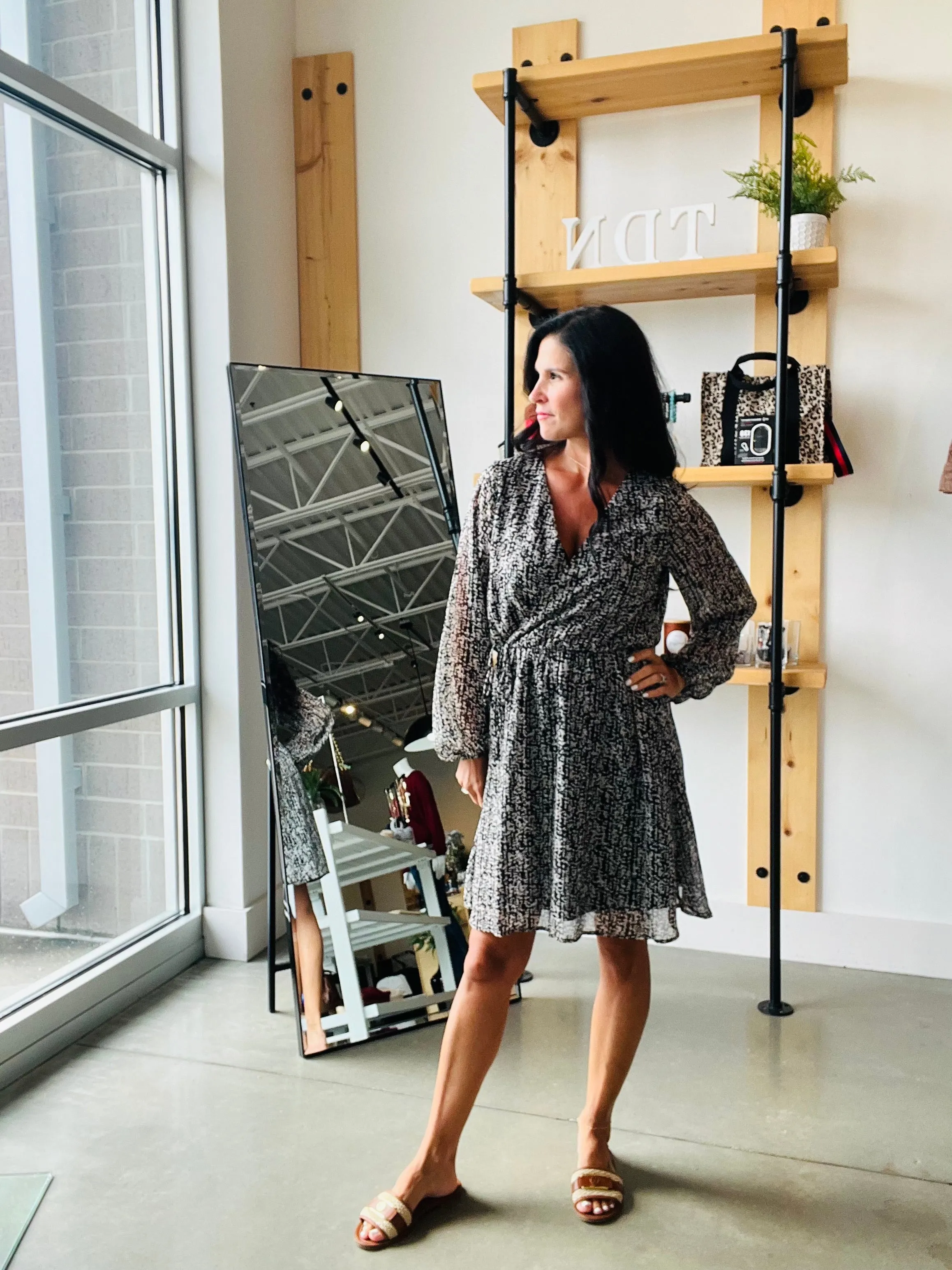 Abstract Print Dress in Black   Taupe