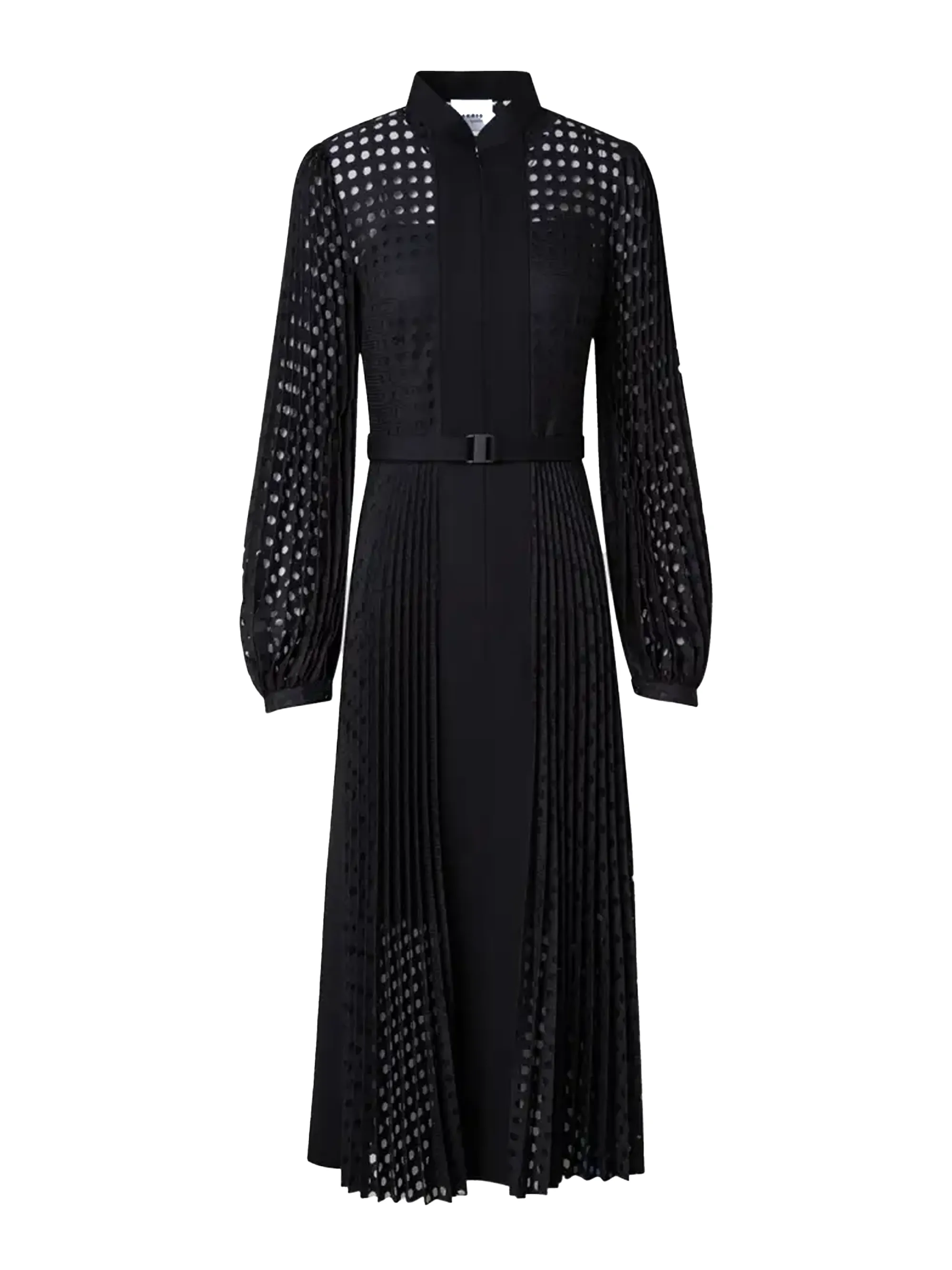 Akris punto Mix Media Dotted Burn-Cut Lace Midi Dress with Plisse Detail