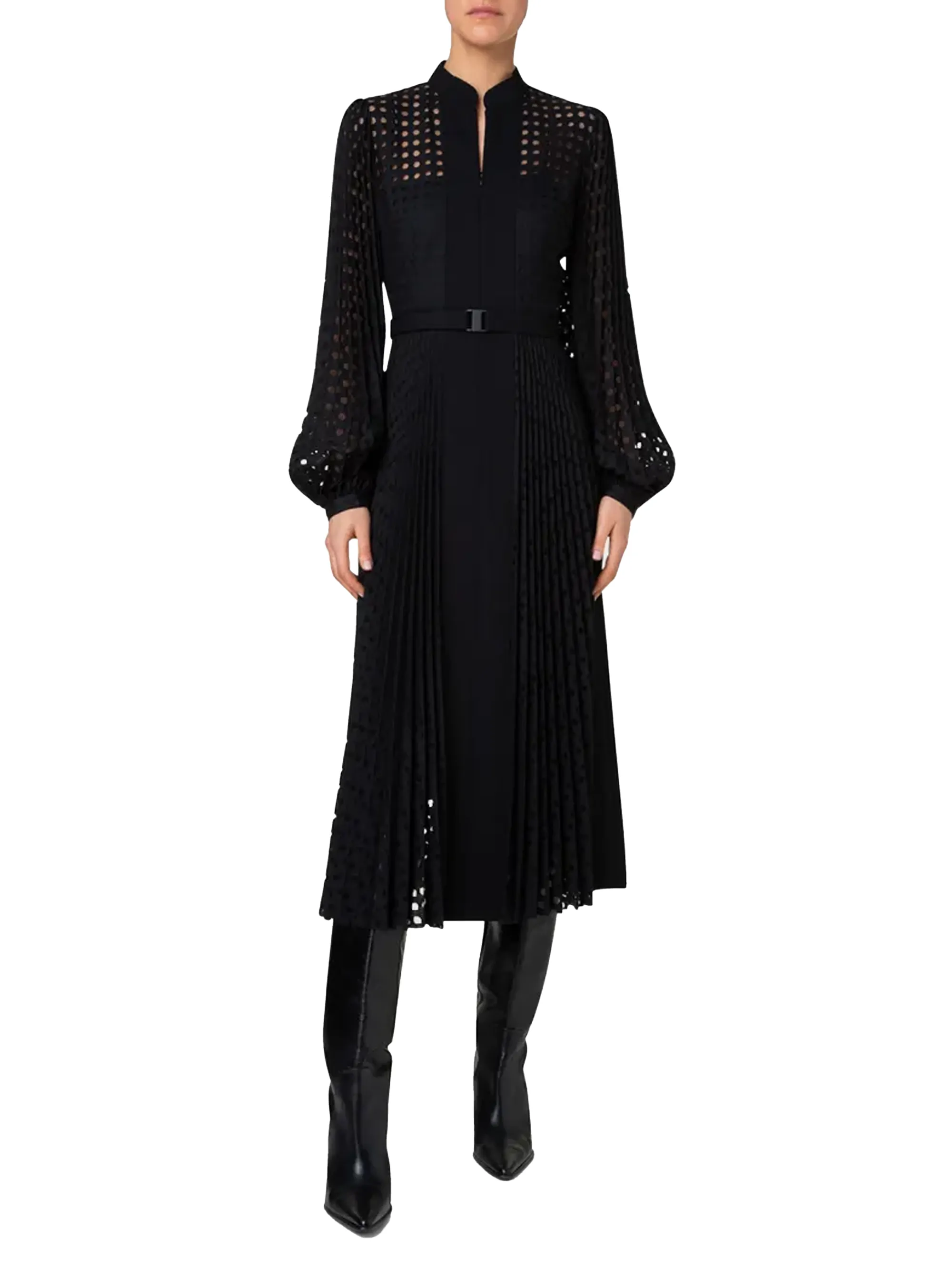 Akris punto Mix Media Dotted Burn-Cut Lace Midi Dress with Plisse Detail