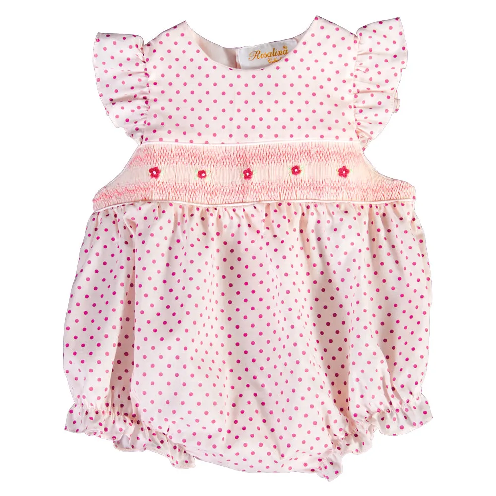 Amelia Pink Fuchsia Dot English Smocked Angel Sleeve Girl Bubble