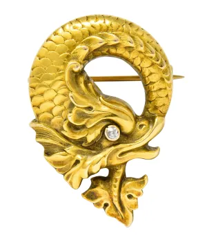 Art Nouveau Diamond 14 Karat Gold Sea Serpent Brooch