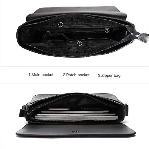 Babama Men Leather Messenger Bag Crossbody Shoulder Purse Briefcases Laptop Satchel Black