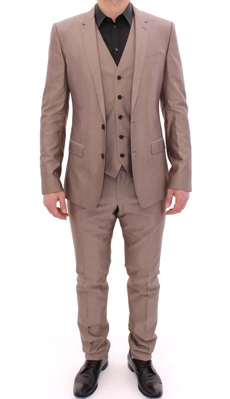 Beige Three Piece Cotton Silk MARTINI Suit