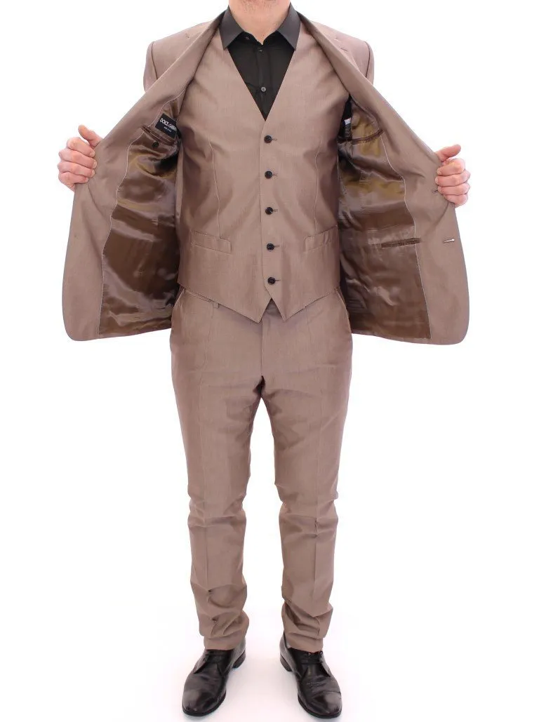Beige Three Piece Cotton Silk MARTINI Suit