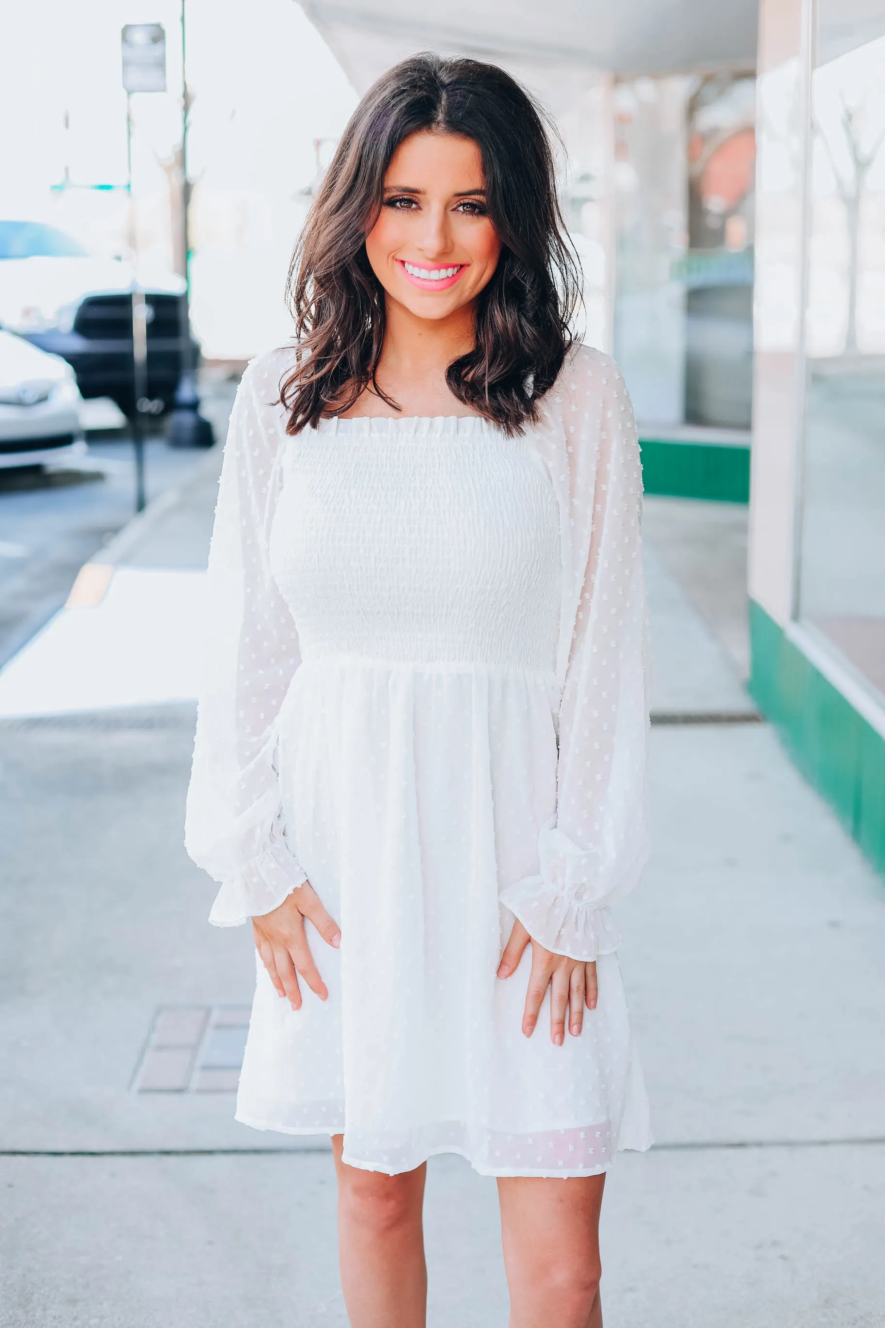 Bella Smocked Dotted Dress - White