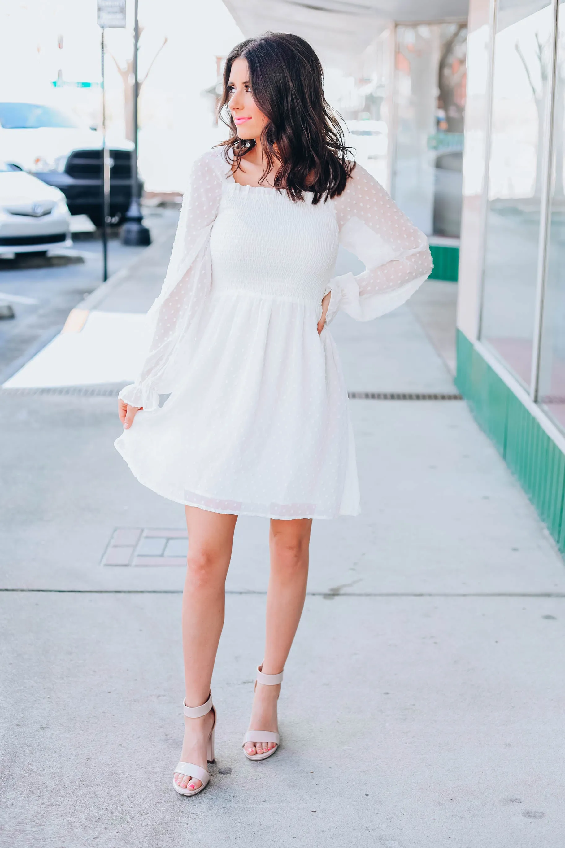 Bella Smocked Dotted Dress - White