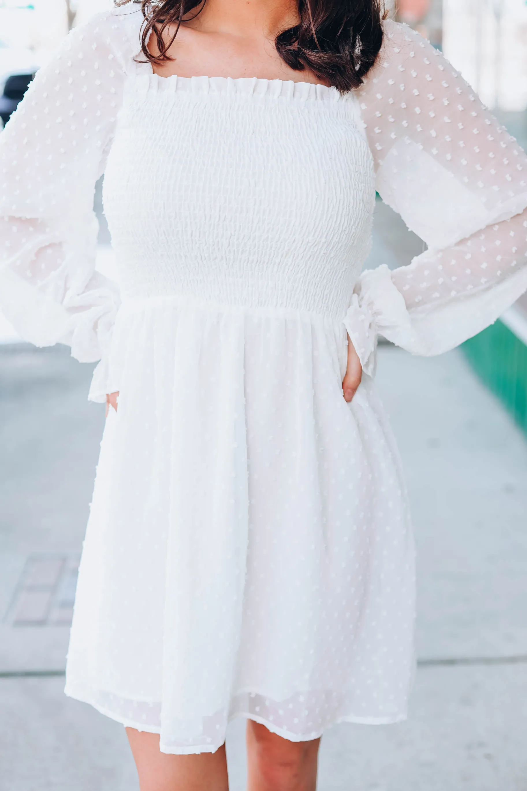 Bella Smocked Dotted Dress - White