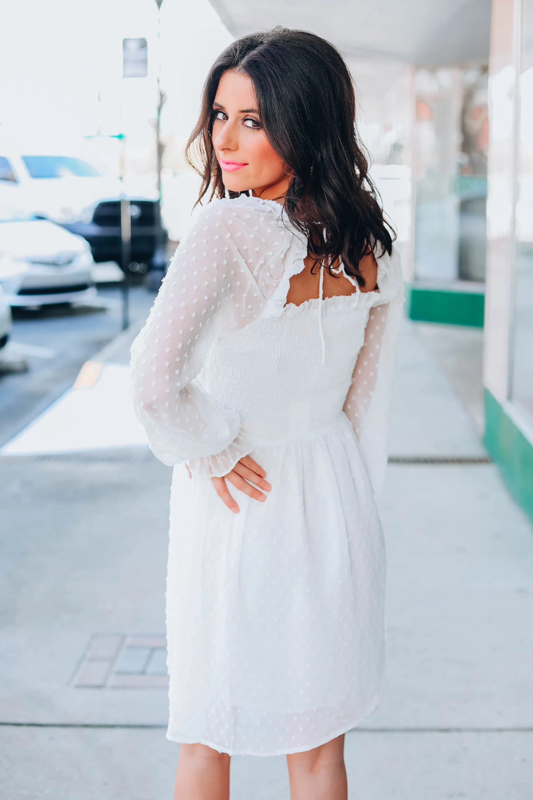 Bella Smocked Dotted Dress - White