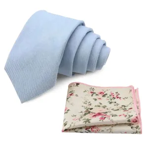 Benedict Soft Blue Cotton Blend Tie and Olivia Cream Floral Pocket Square Set