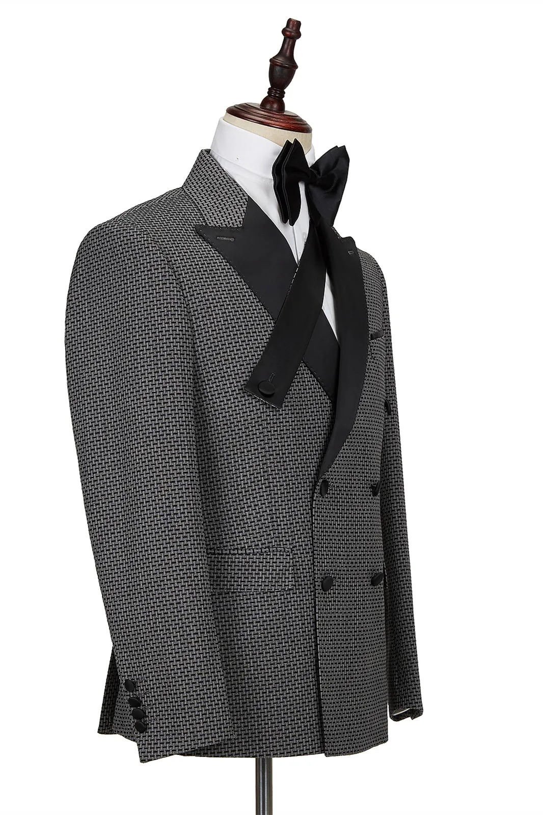 Bespoke Black-and-Gray Cruciform Satin Peak Lapel Double Breasted Men Formal Suit