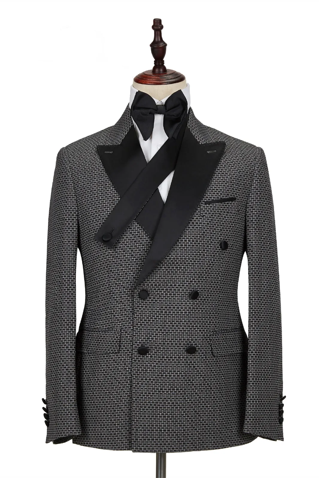 Bespoke Black-and-Gray Cruciform Satin Peak Lapel Double Breasted Men Formal Suit