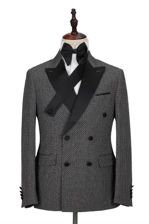 Bespoke Black-and-Gray Cruciform Satin Peak Lapel Double Breasted Men Formal Suit