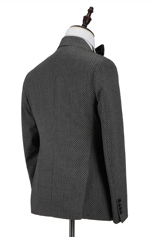 Bespoke Black-and-Gray Cruciform Satin Peak Lapel Double Breasted Men Formal Suit