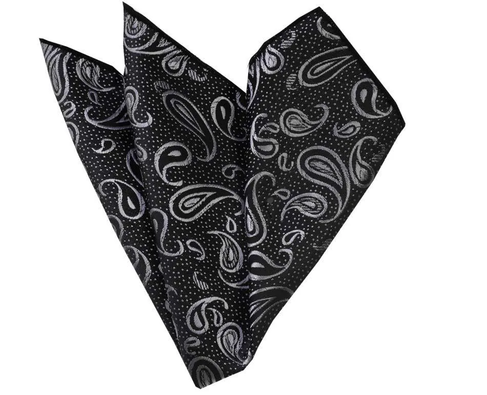 Black Metalic Paisley Pocket Square for Men - Premium Silk Handkerchiefs for Suits