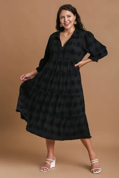 Black Solid Dotted Jacquard Midi Dress