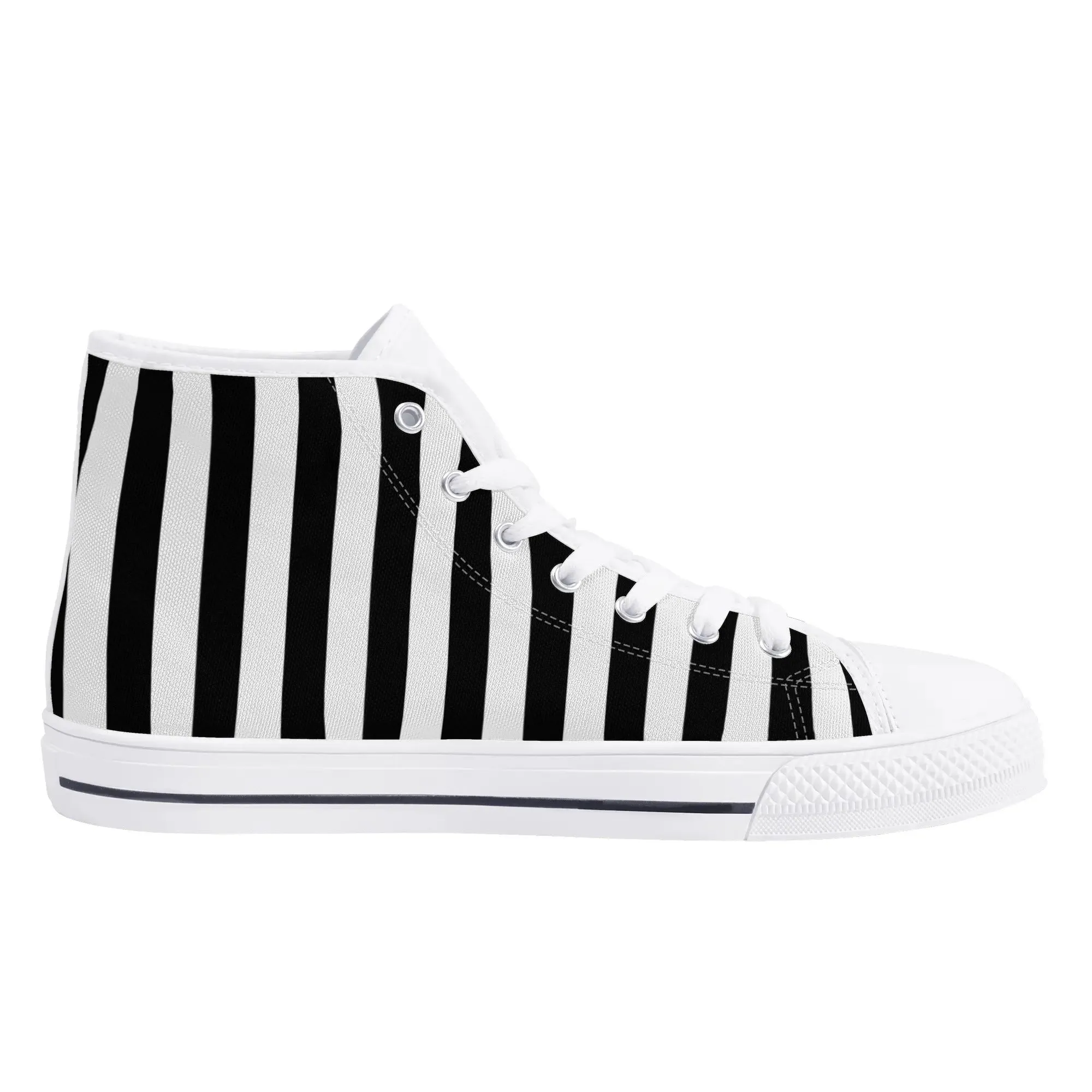 Black White Striped Mens High Top Canvas Shoes