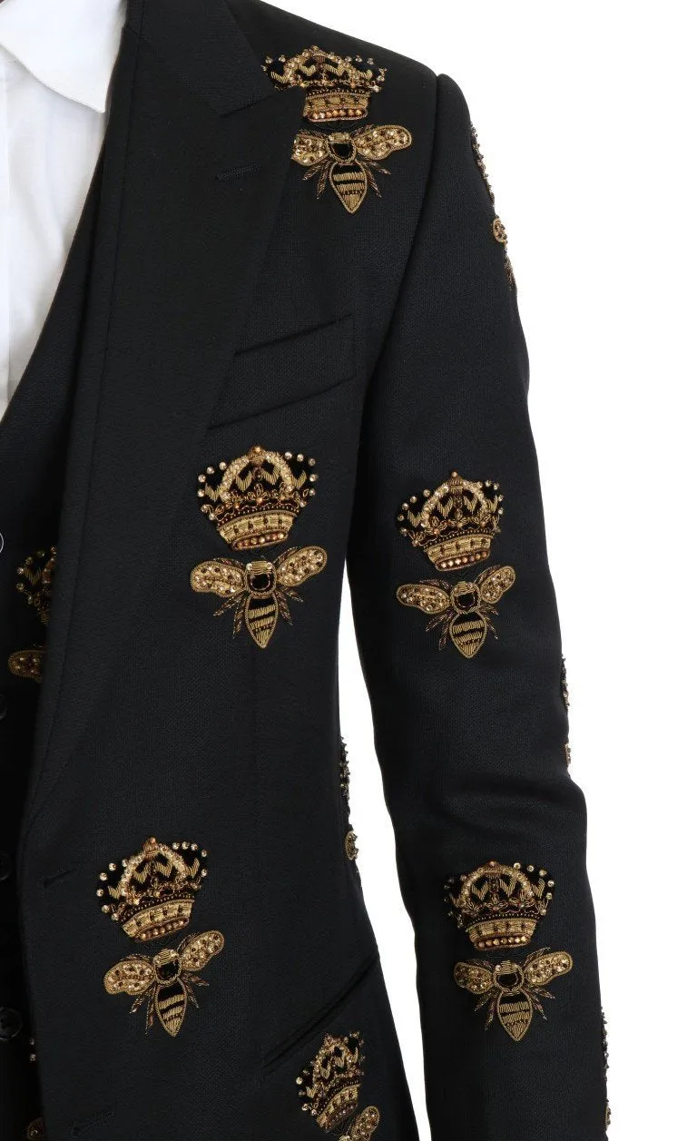 Black Wool Gold Crystal Bee Crown Slim Fit Suit