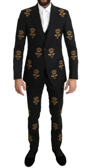 Black Wool Gold Crystal Bee Crown Slim Fit Suit