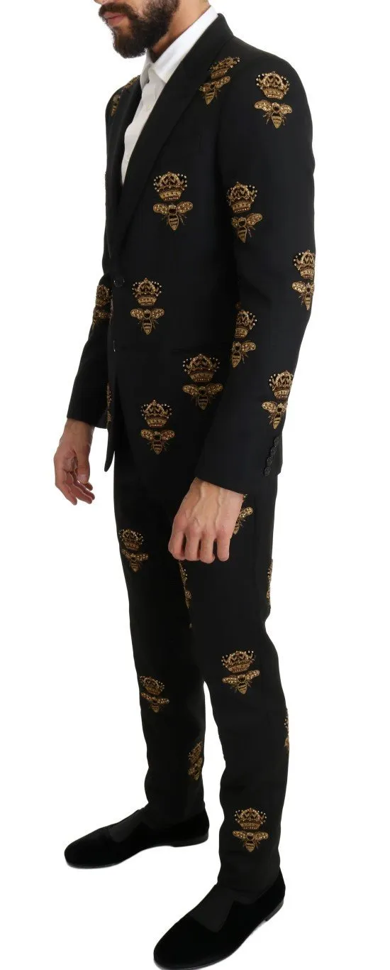 Black Wool Gold Crystal Bee Crown Slim Fit Suit