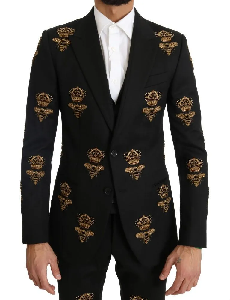 Black Wool Gold Crystal Bee Crown Slim Fit Suit