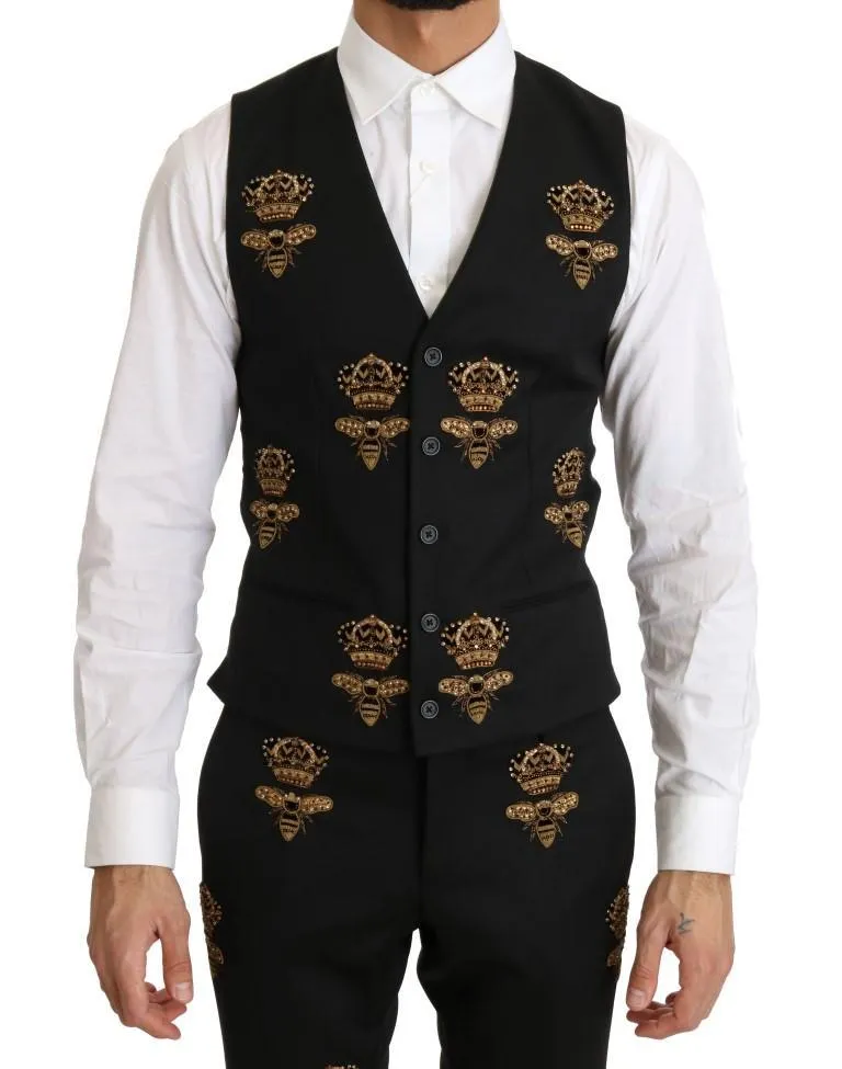 Black Wool Gold Crystal Bee Crown Slim Fit Suit