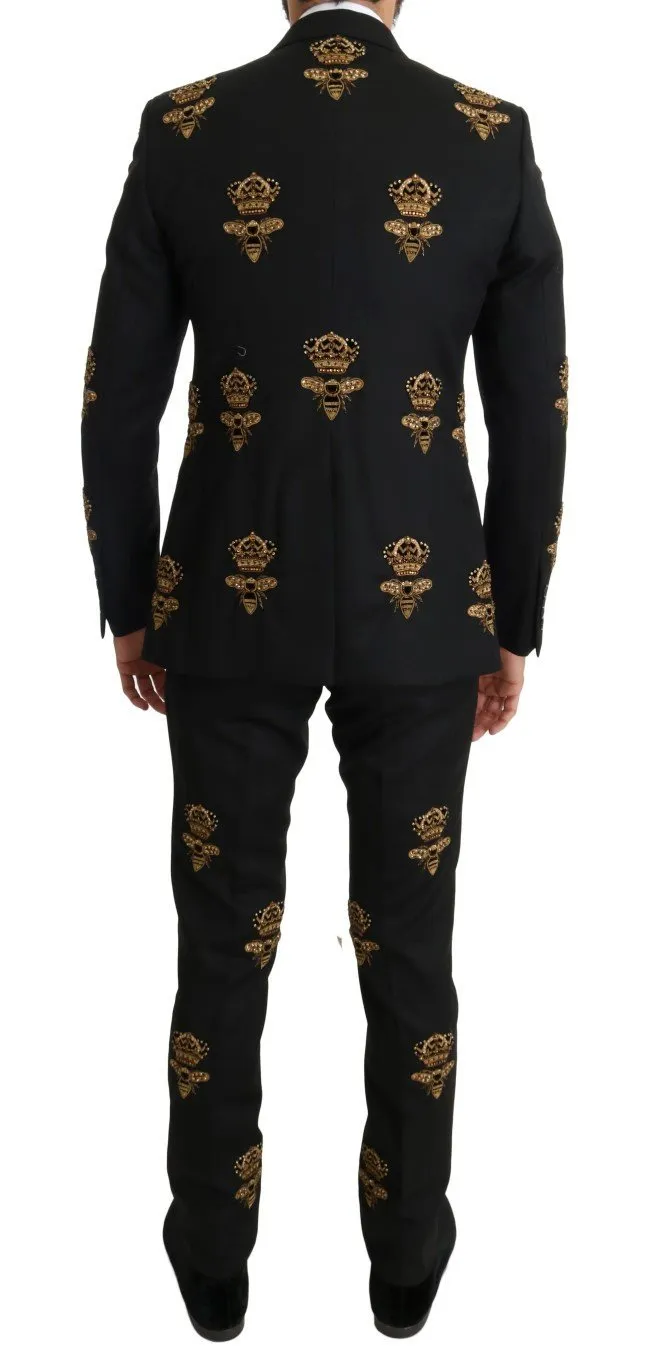 Black Wool Gold Crystal Bee Crown Slim Fit Suit