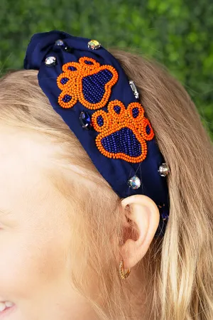 Blue and Orange Gameday Paws Seed Bead Knotted Headband