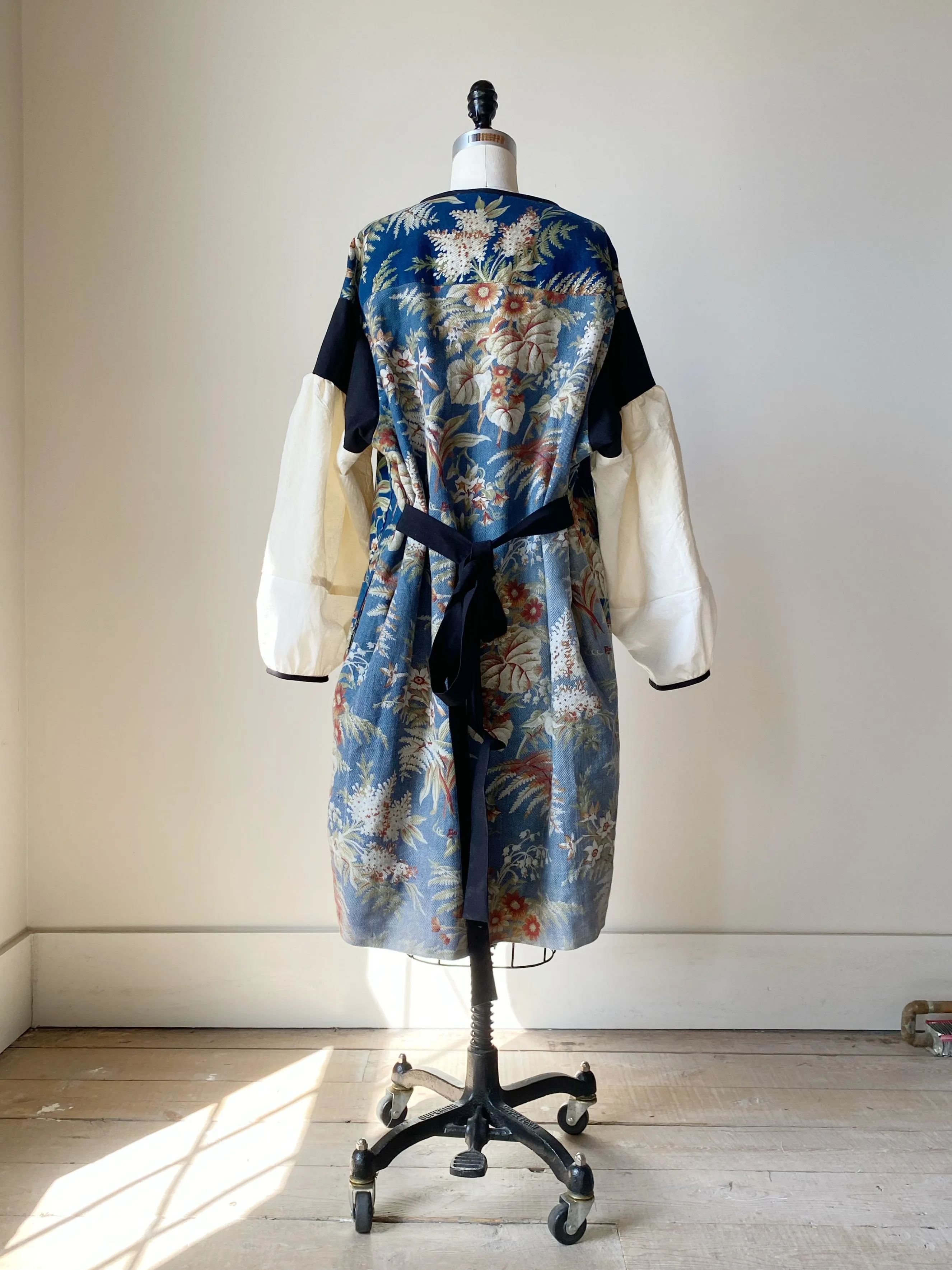 blue ground antique floral twill tie dress