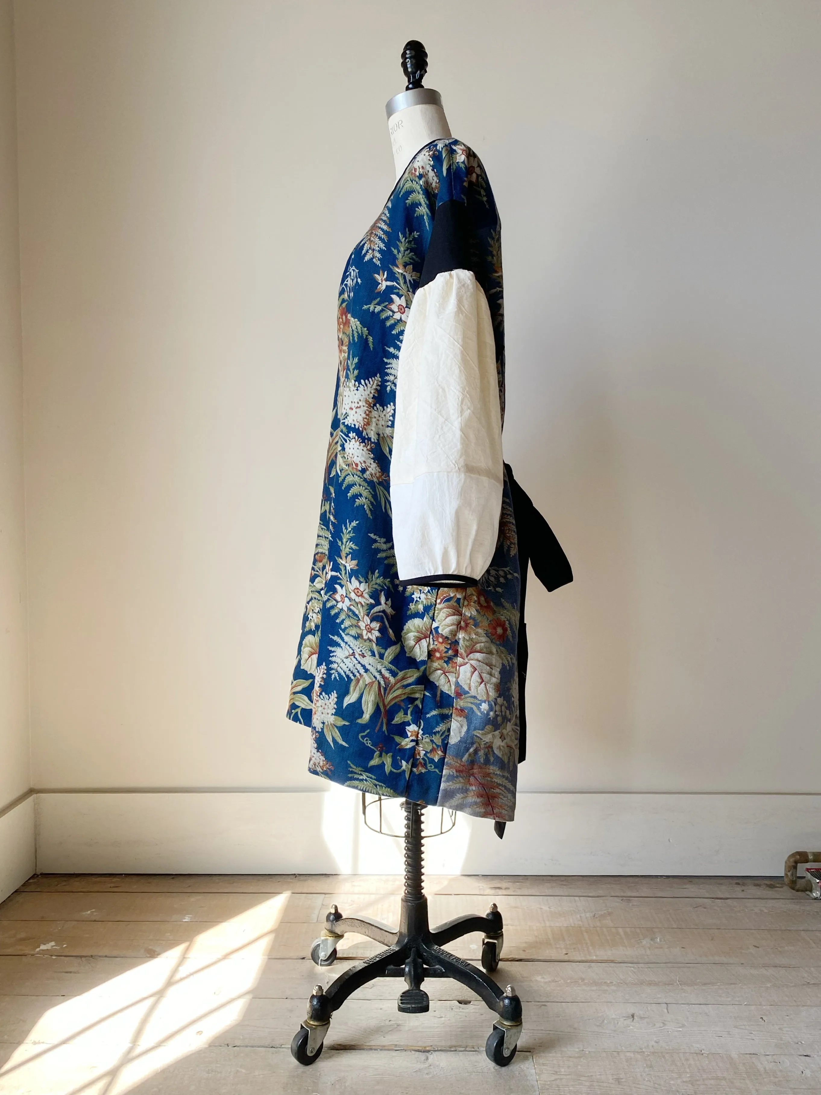 blue ground antique floral twill tie dress
