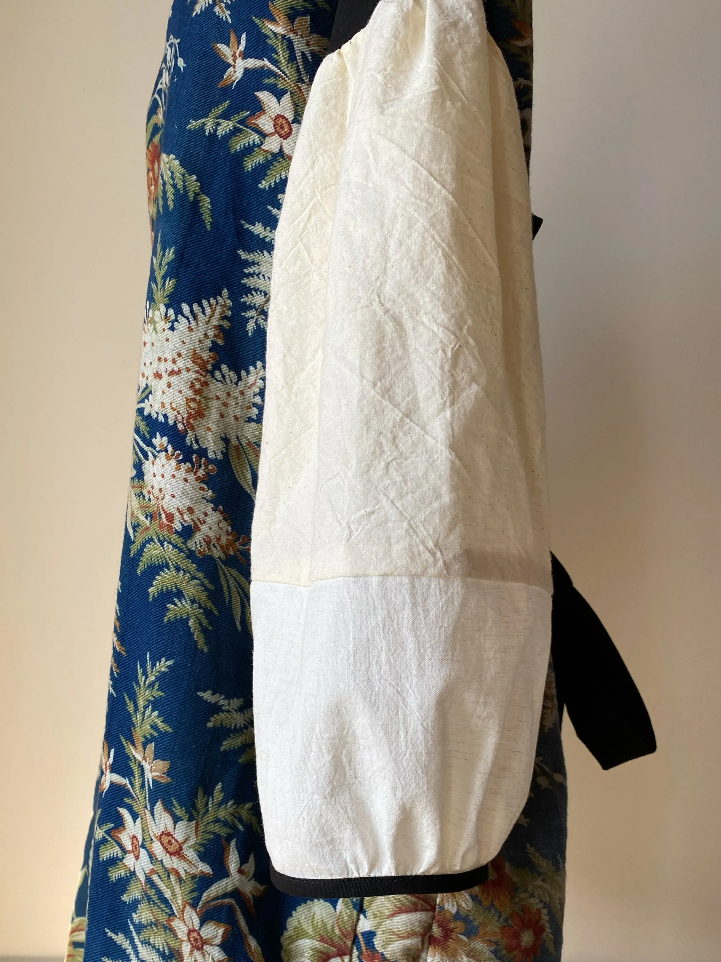 blue ground antique floral twill tie dress
