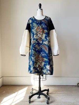 blue ground antique floral twill tie dress
