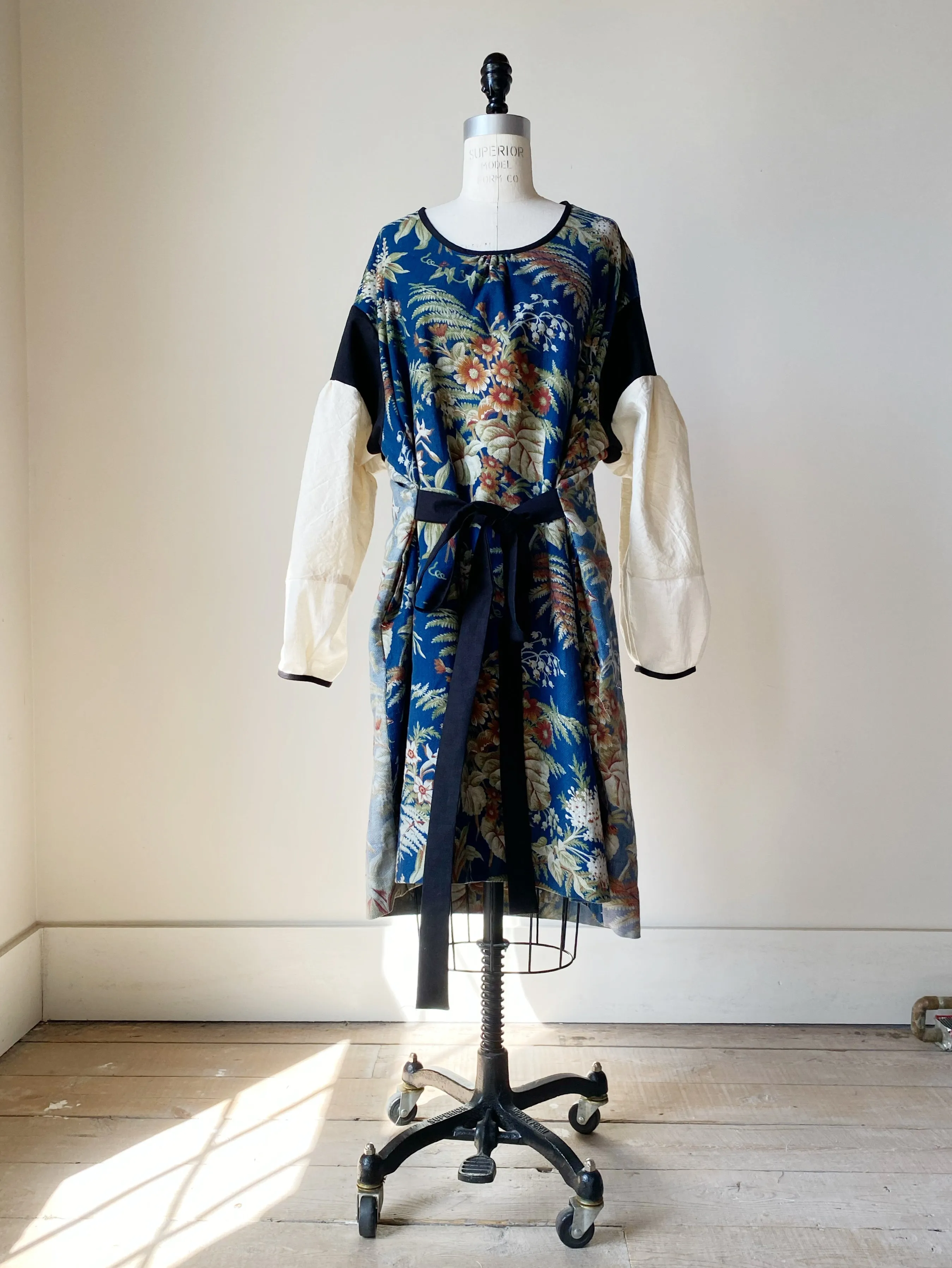 blue ground antique floral twill tie dress
