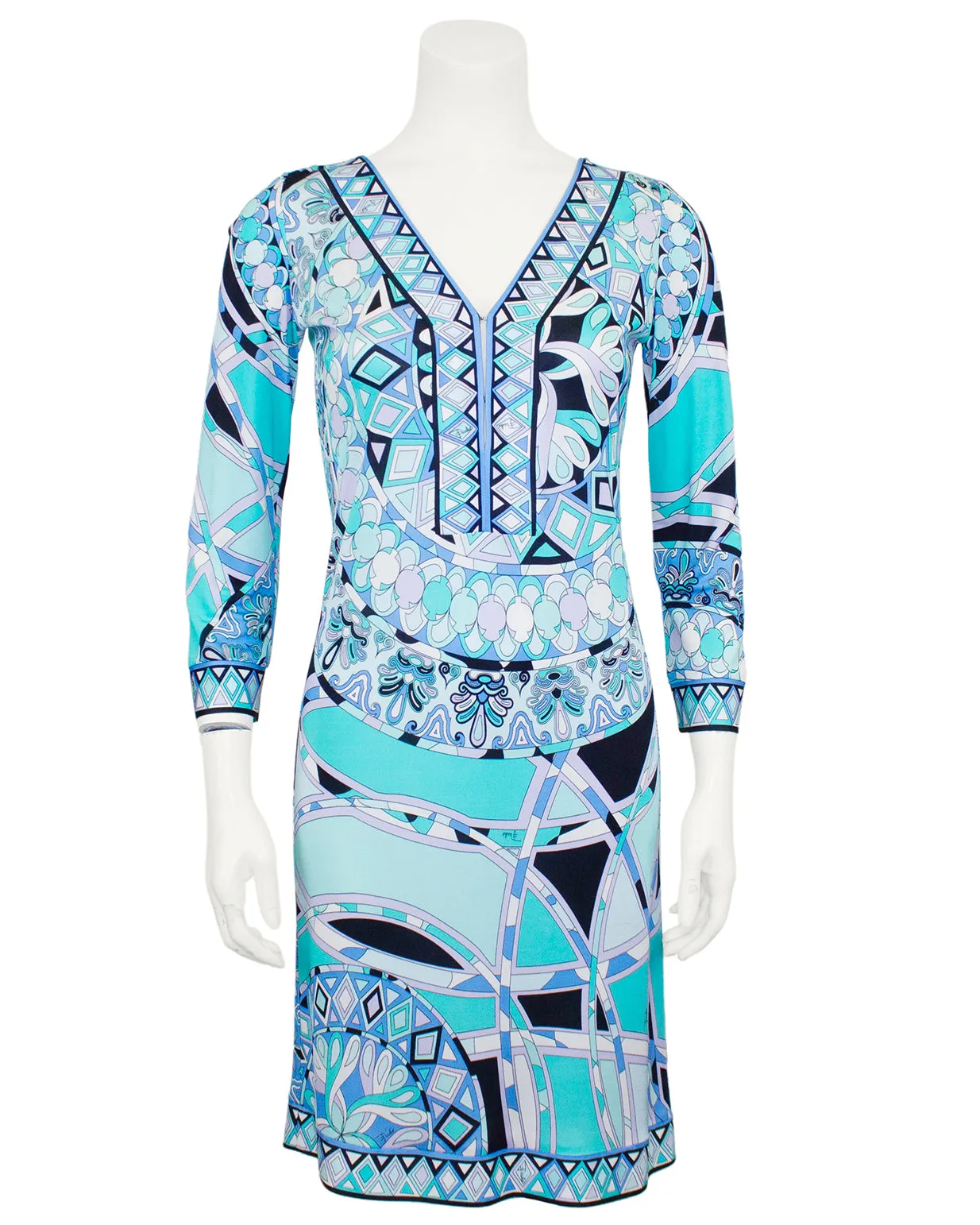 Blue Printed Long Sleeve Dress