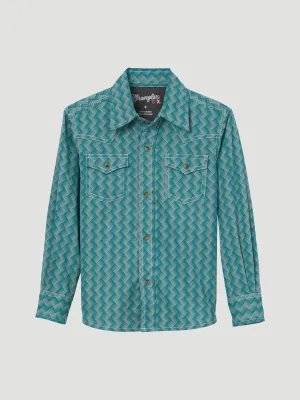 Boy's Wrangler 20X Competition Advanced Comfort Green/White Weave Print Western Snap Shirt