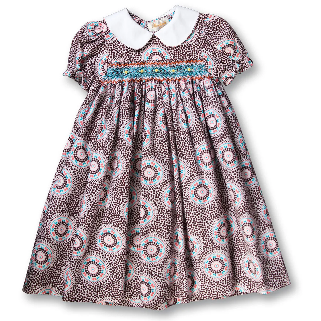 Brown & Pink Dotted Swirl Smocked Baby Dress w/Peter Pan Collar